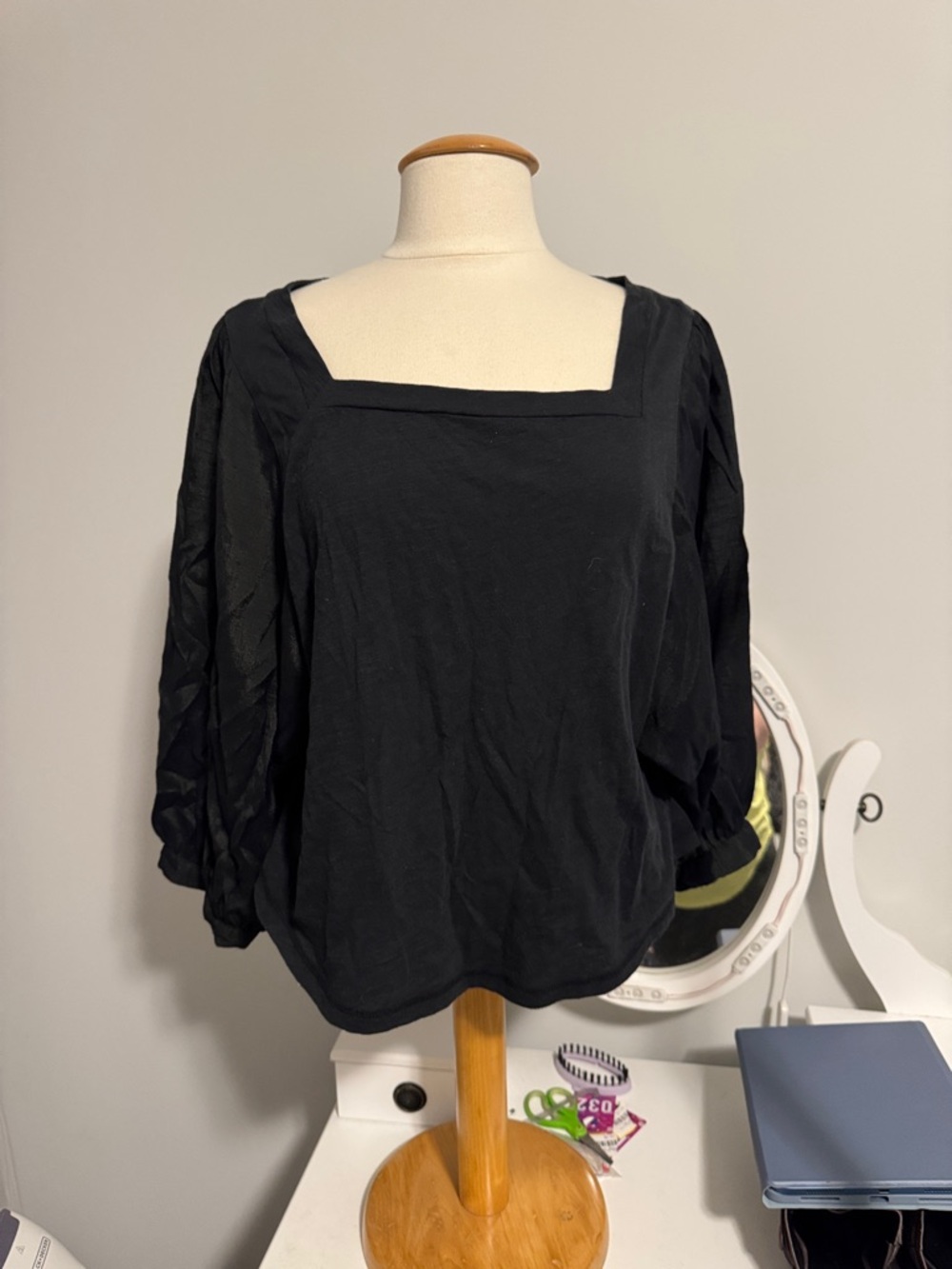 Anthropologie Black Square-Neck Balloon Sleeve Blouse